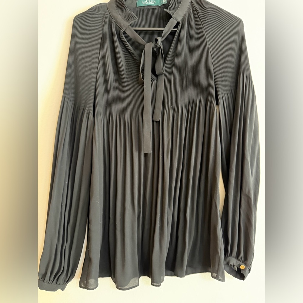 Ralph Lauren Black Pleated Tie-Neck Blouse